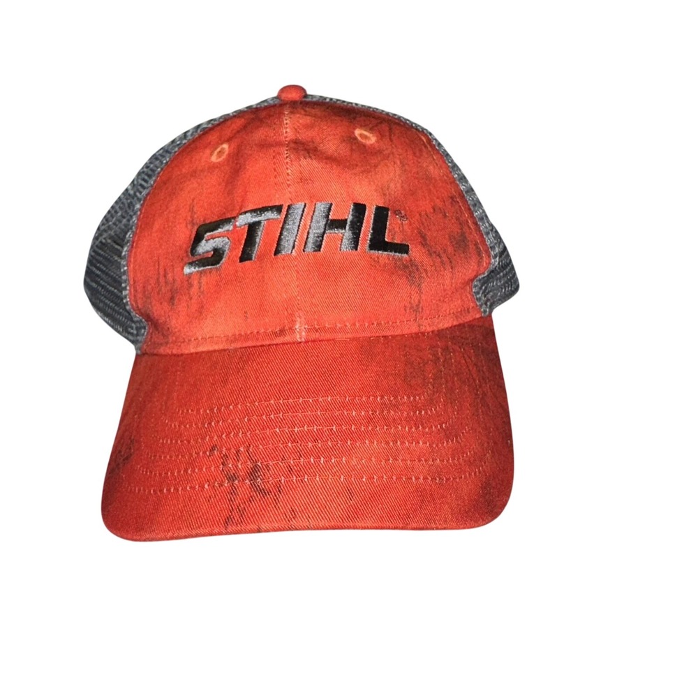 Stihl Outfitters Apparel Mens Orange Grey Mesh‎ Snapback Trucker Hat Distressed
